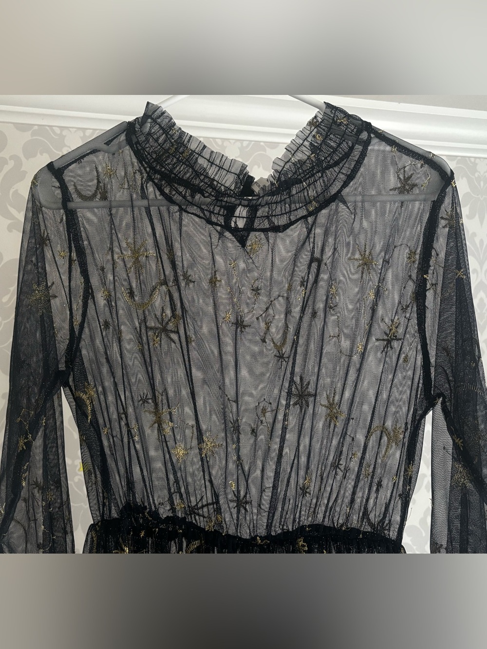Youmu Navy Sheer Mesh Midi Dress with Gold Celestial Embroidery - Picture 5 of 8